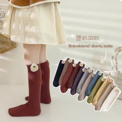 Children's socks with cherry embroidery for autumn and winter, wholesale knitted socks for girls, double-needle crew socks for middle and big children