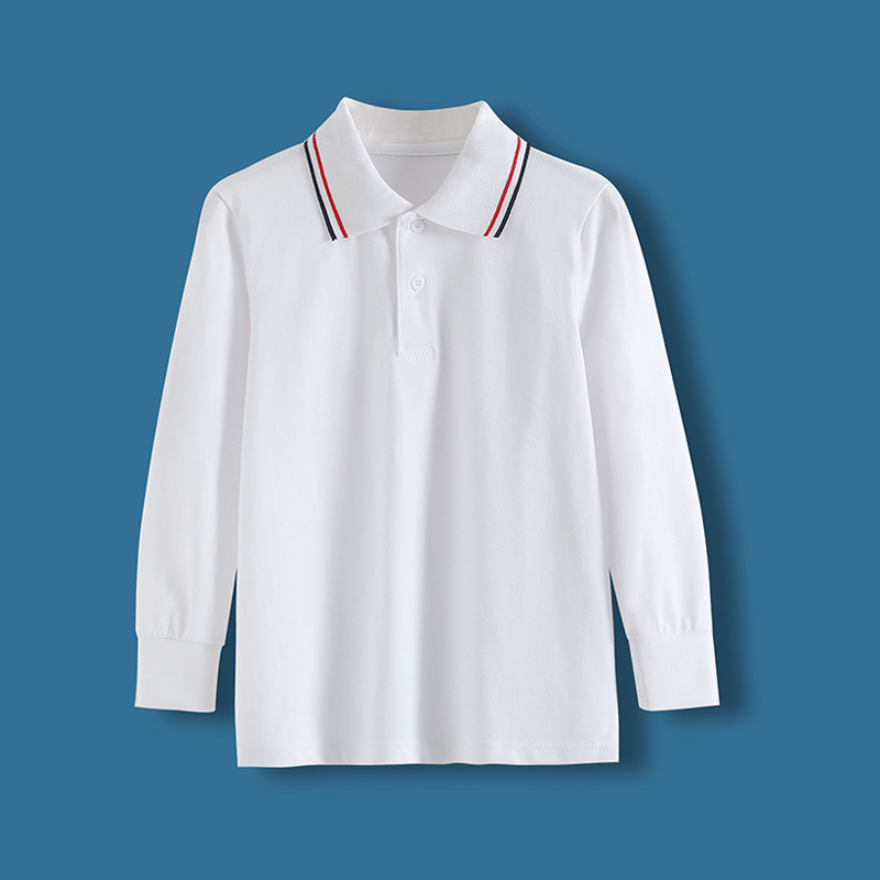 Boys and Girls Kidsren's White Long-Sleeved T-Shirts Pure Cotton Medium and Large Kidsren's Pure Color Polo Shirt Tops Primary School Students' Class Uniforms