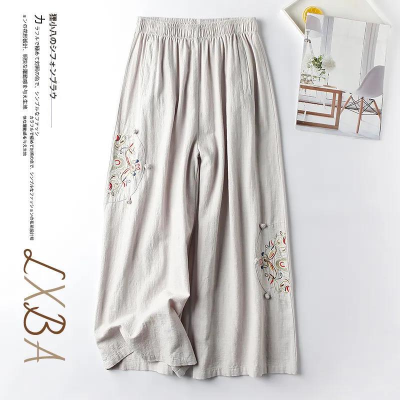 2022 Cotton and Linen Casual Pants for Women, Vintage Ethnic Style Embroidered Wide-Leg Pants, Versatile Slimming Cropped Pants That Make Legs Look Longer