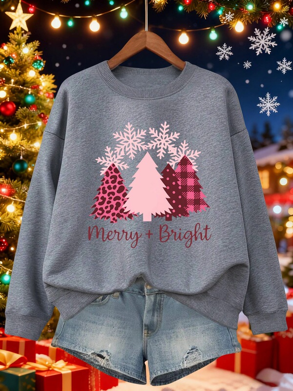 Happy Bright Christmas Tree Print Ladies Sweatshirts, Round Neck Casual Pullover, All Matching Autumn Happy Bright Christmas Tree Print Ladies Sweatshirts, Round Neck Casual Pullover, All Matching Autumn