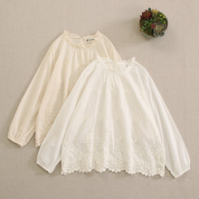 2024秋季新品 日系森女系纯色小立领蕾丝棉麻长袖衬衫上衣 女装