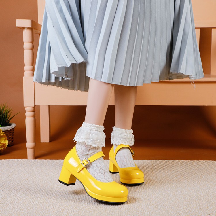30-48 European and American Foreign Trade Cross-border Shallow Mouth Round Head Candy Color Patent Leather Thick Heel Middle Heel Women's Single Shoe W514 30-48 European and American Foreign Trade Cross-border Shallow Mouth Round Head Candy Color Patent Leather Thick Heel Middle Heel Women's Single Shoe W514