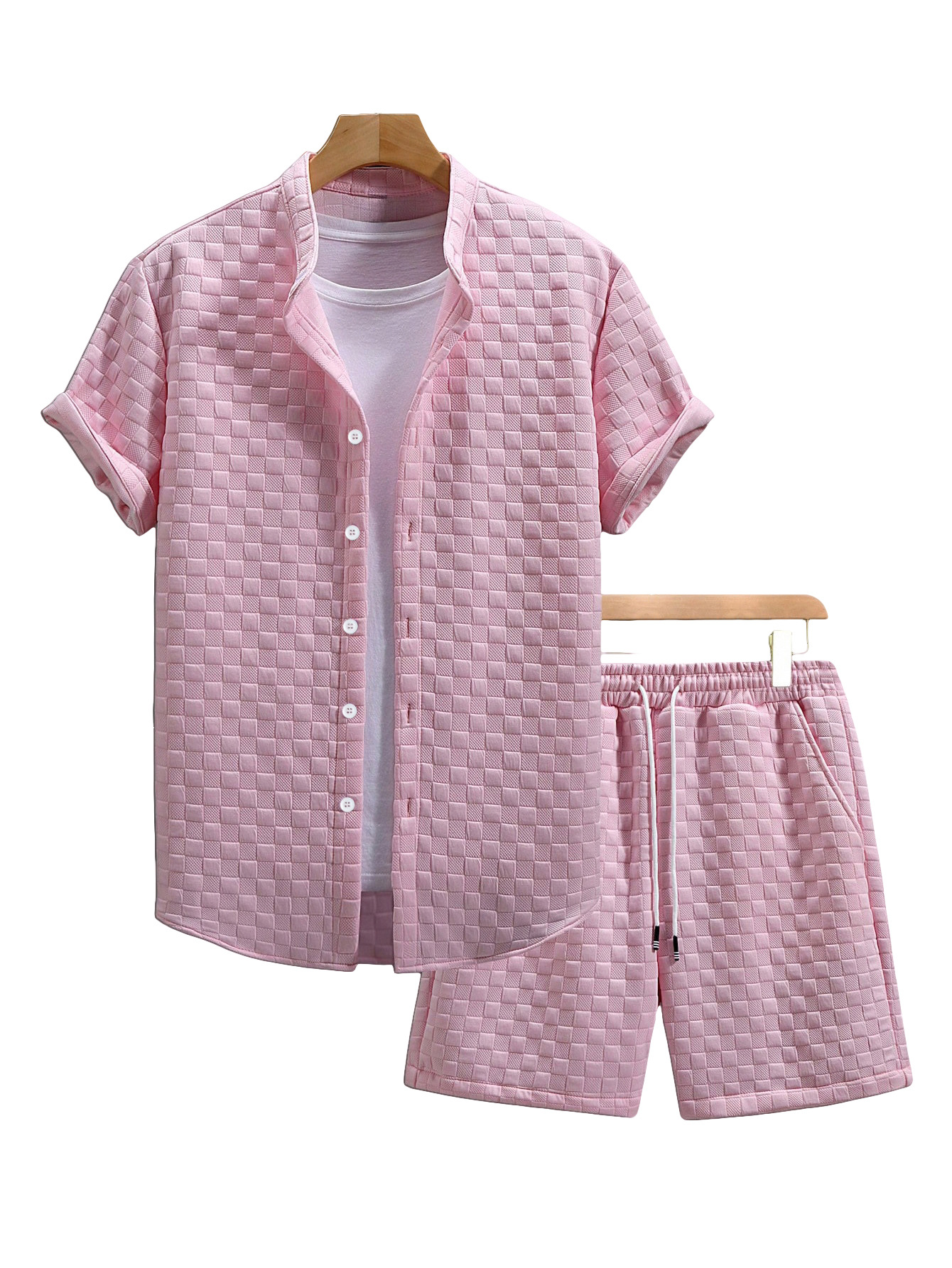 Herren Waffle Revers Kurzarm T-shirt Und Shorts Set Freizeit_voghion.com