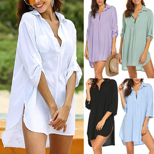 Cross-Border European and American New Women's Shirts Deep V-Neck Solid Color Beach Sun Protection Clothing Swimsuit Cover-Up Wholesale