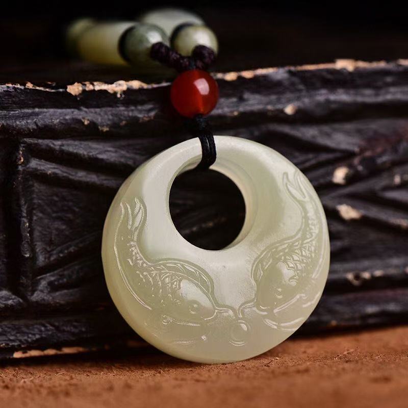 Imitation Hetian Jade White Jade Double-Sided Carving Fish Pendant Sweater Chain Men and Women Couple Necklace Manufacturer Wholesale