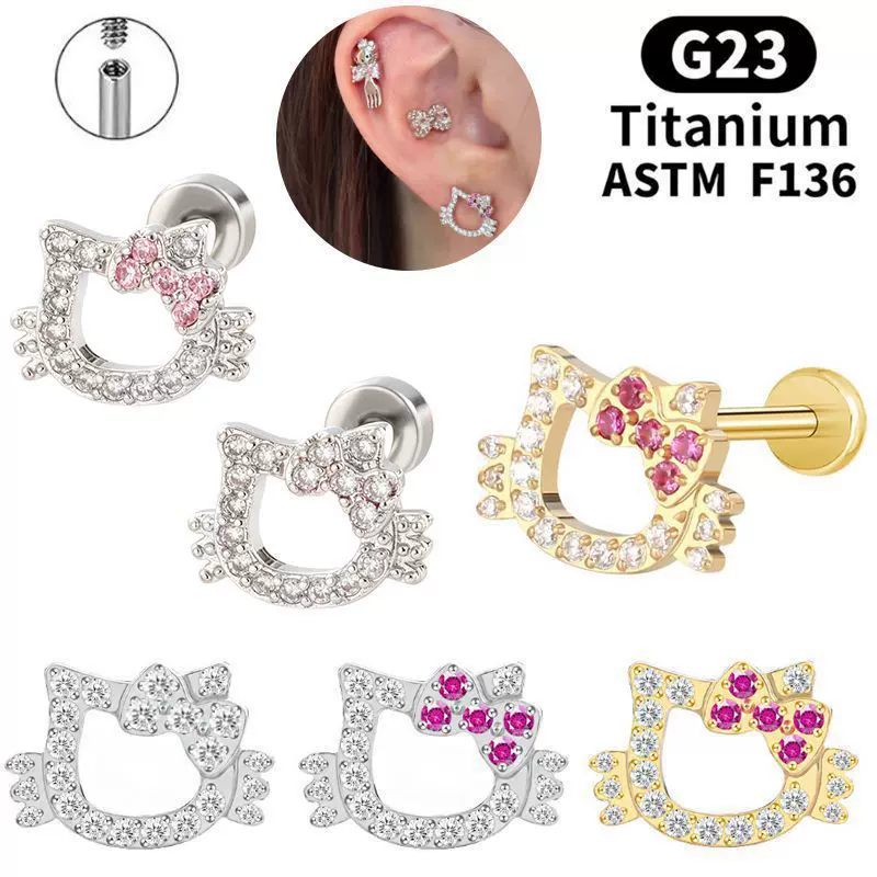 F136钛合金耳钉KT猫满钻高级感可爱甜美拧螺纹养耳洞耳骨钉饰品
