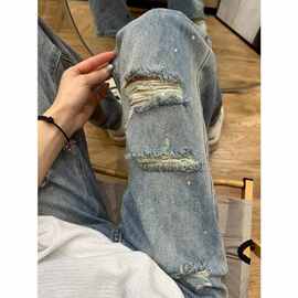 蓝色烫钻水洗破洞牛仔裤美式高街裤子设计感高级cleanfit直筒裤男