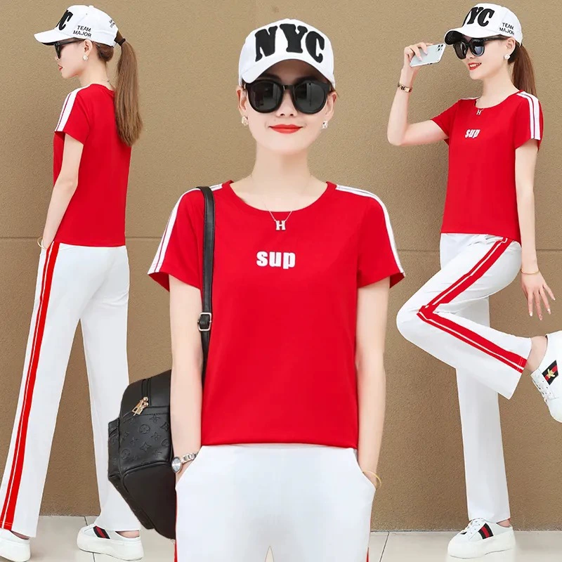 Спортивный набор с короткими рукавами женский летний новый большой размер, повседневные широкие брюки, два комплекта квадратная танцевальная одежда модная