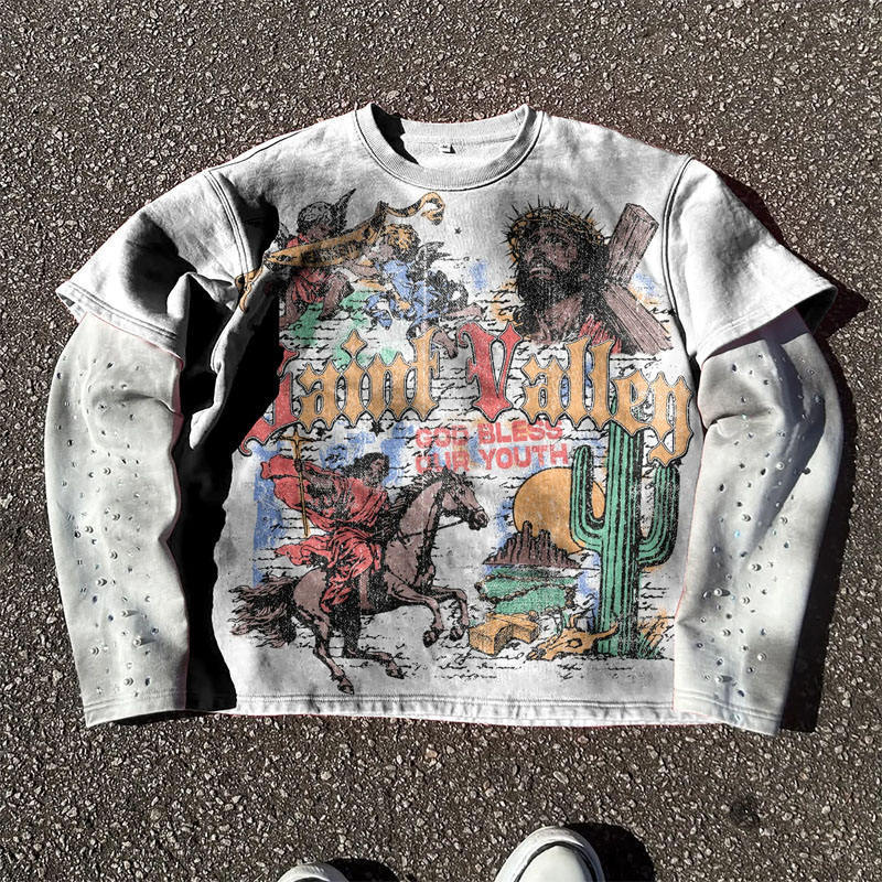 Custom-made fashion DTG printed long-sleeve men's t-shirt with full rhinestone detailing on the sleeves, vintage waffle design