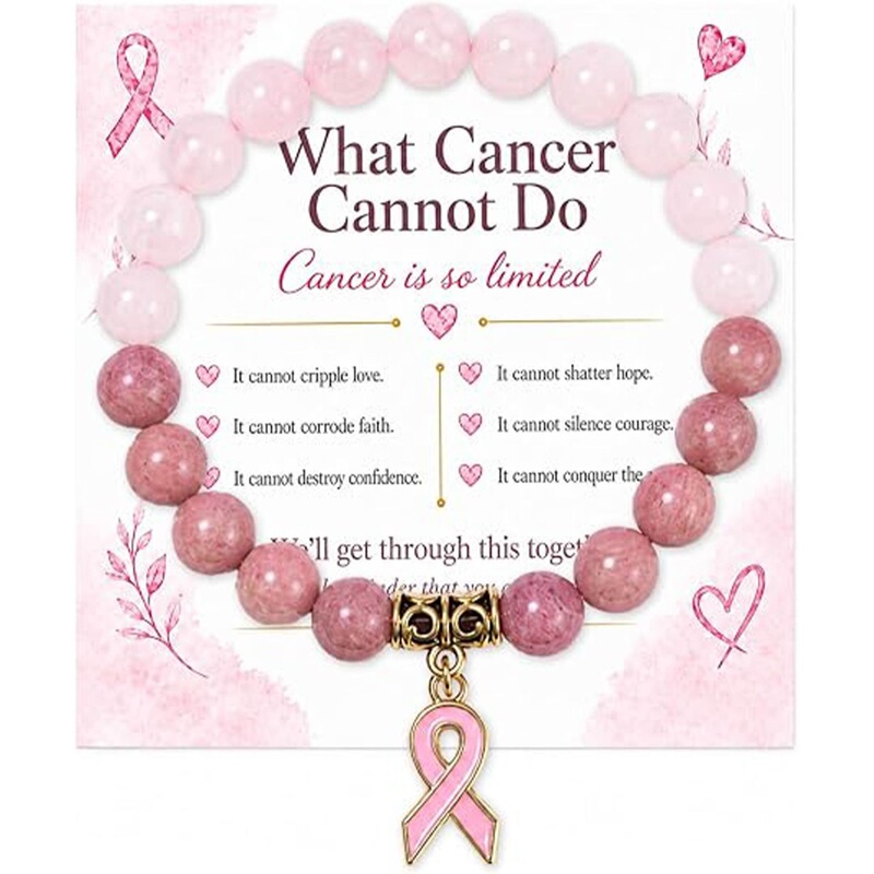 Cross-border pink ribbon bracelet with inspirational card gift, women's pink crystal rhodochrosite beaded bracelet