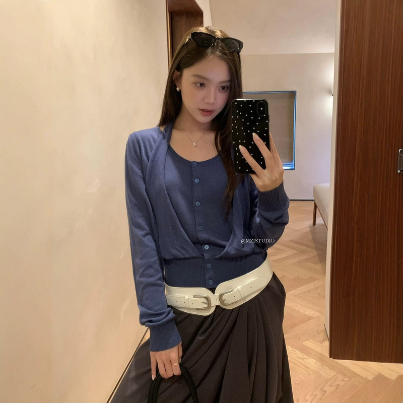 MZI STUDIO Early Autumn Korean Style Gentle Versatile Slimming Fake Two-Piece Halter Neck Knit Cardigan A80132