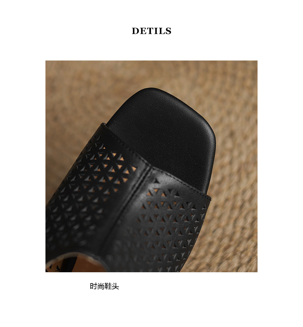 Sandal cao gót nữ hở mũi quai ngang đục lỗ da bò, gót 7 cm — Gạo trắng và cao 7 cm chi tiết 25