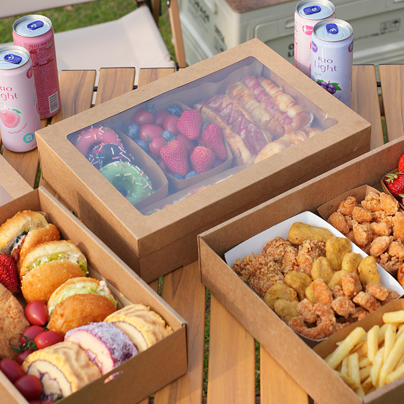 Papel kraft Caja de almuerzo desechable Camping Caja de picnic al aire libre Barbacoa Té de la tarde Pastel de postre Caja de embalaje de frutas