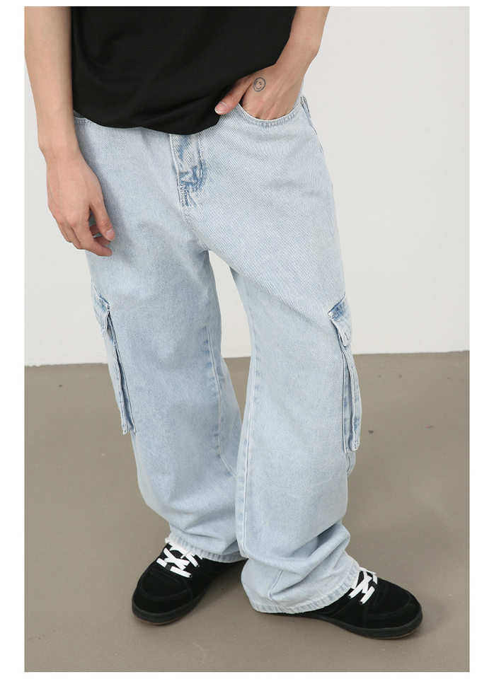 Quần jean nam ống rộng ống đứng dáng suông, vải denim giặt cổ điển, nhiều túi — Màu xanh lam chi tiết 14