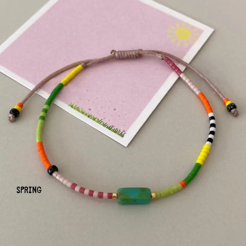 Cross-border Bohemian style colorful natural stone thin bracelet women casual commuting simple glass bead woven rope beaded