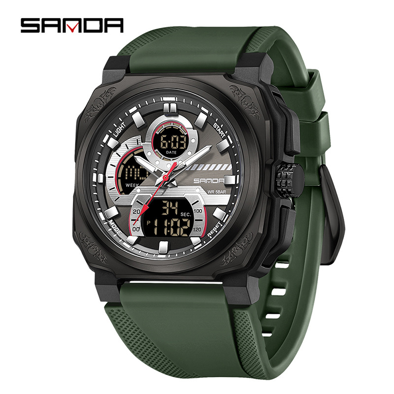 Sanda SANDA multifuncional moda juvenil doble pantalla impermeable reloj para hombre cuadrado deportes de ocio reloj electrónico para estudiantes