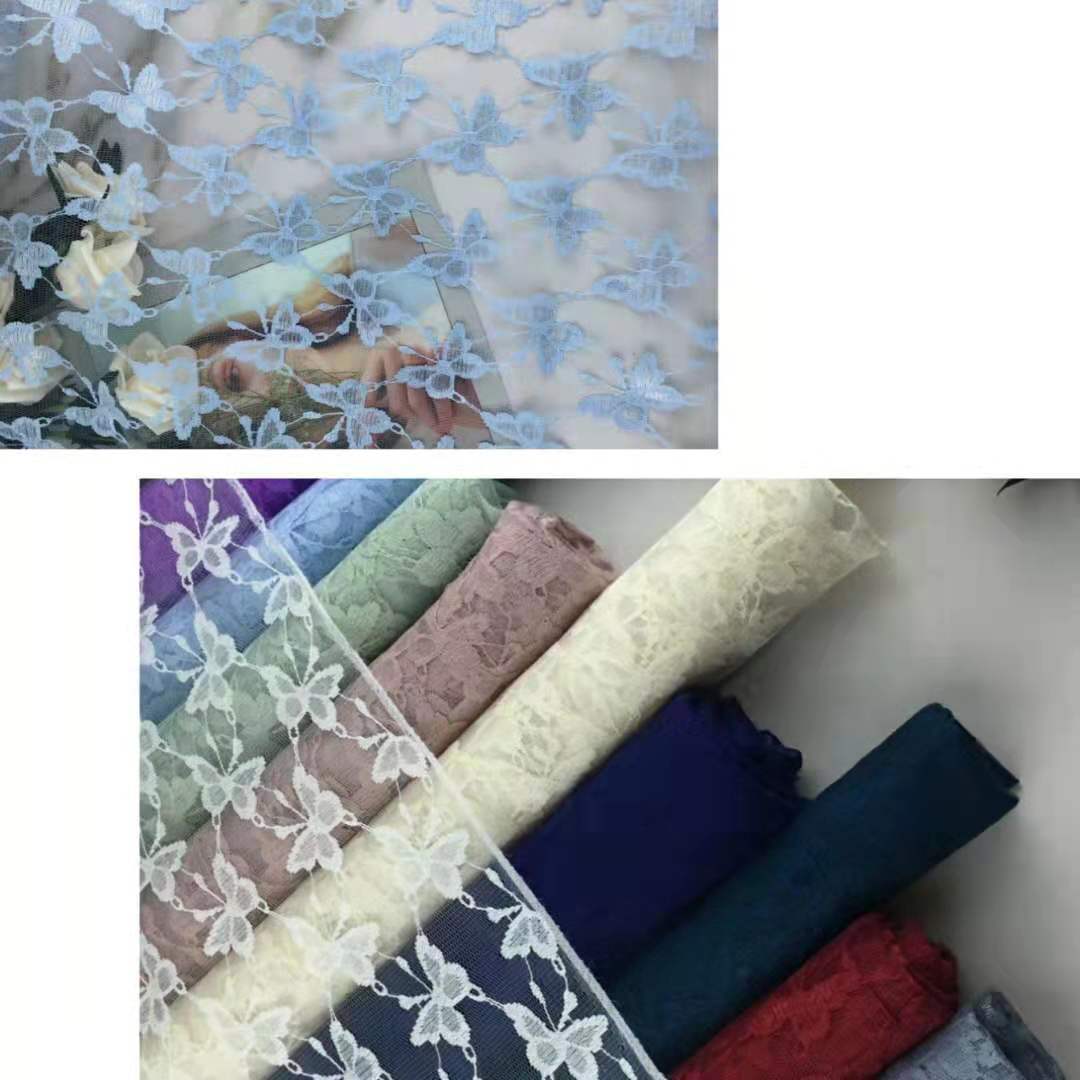 【现货供应】涤纶无弹亮光丝蝴蝶平板蕾丝 薄透硬挺感 裙装面料