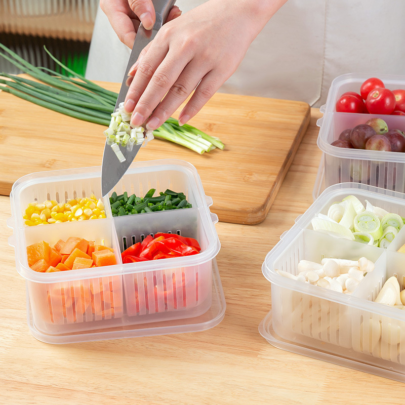 Home Large Four-compartment Scallion Fresh-keeping Box with Lid Kitchen Scallion, Ginger and Garlic Storage Fruit Storage Box Refrigerator Storage Box