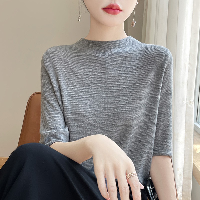 【メーカー直供】天糸半高襟ニット半袖tシャツ女性夏純色ファッション痩せ氷糸上着|undefined