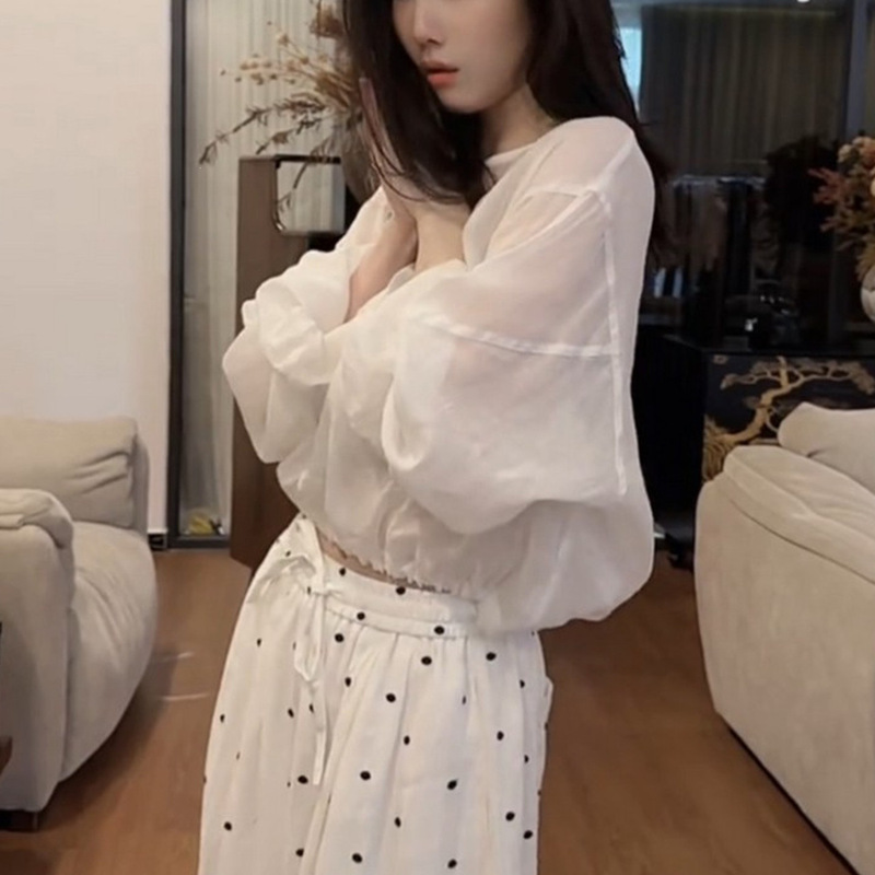 Simple and Versatile Commuting Casual Suit for Women, Summer White Polka Dot Lightweight Sun Protection Shirt, Lace-Up High-Waisted Wide-Leg Pants Simple and Versatile Commuting Casual Suit for Women, Summer White Polka Dot Lightweight Sun Protection Shirt, Lace-Up High-Waisted Wide-Leg Pants