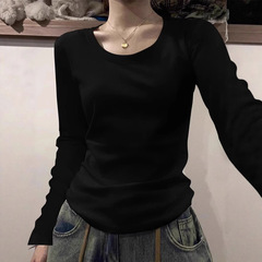 美式正肩长袖t恤女秋季女装2025新款U领内搭修身打底衫早秋上衣女