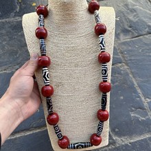 女款藏式项链阿卡石头珠吊坠搭配藏族毛衣链红色系精美民族风配饰