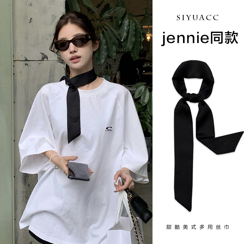 Jennie Same Style Black Silk Scarf 2024 New Korean Style Sweet Cool Elegant All-match Ribbon Ribbon Scarf Decorative Women