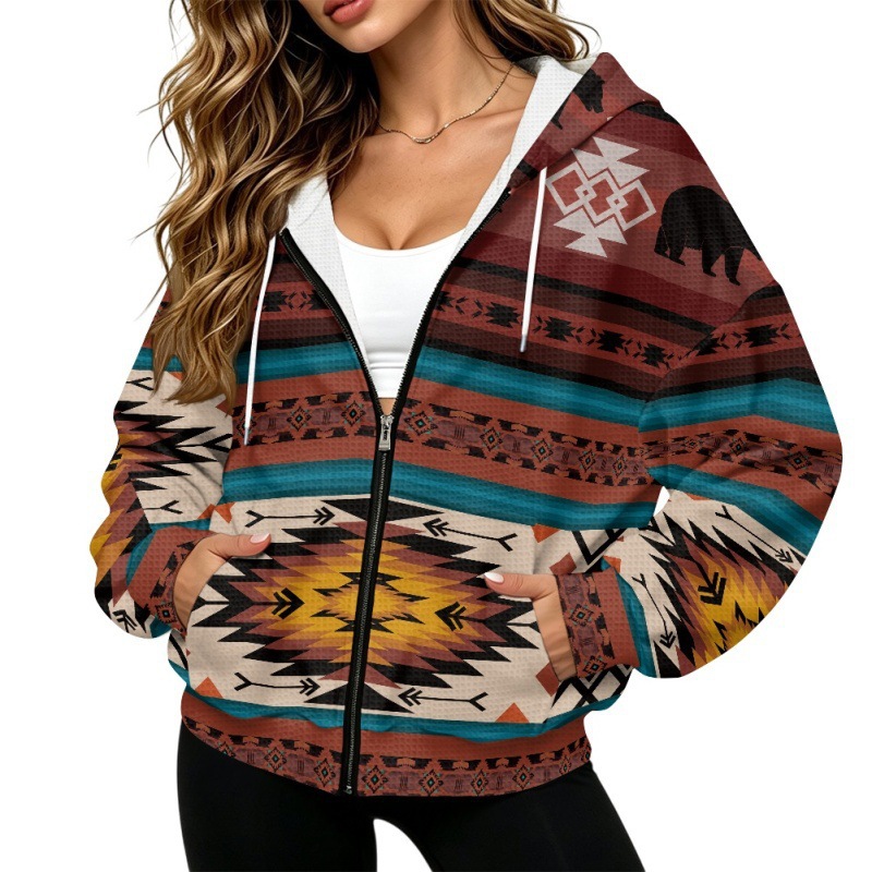 Dropshipping available: Waffle-knit women's drop-shoulder zip-up sweatshirt, Navajo Southwest ethnic style, Amazon bestseller, direct sales