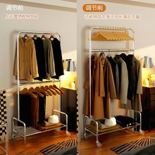 电镀亮银加厚承重双层落地衣帽架晾衣杆可调节服装店晾衣展示架