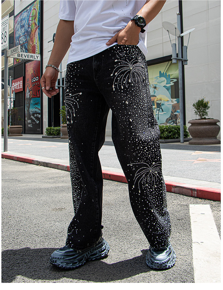 Men's Rhinestone Jeans Straight Leg Denim Pants Trendy Streetwear_voghion.com