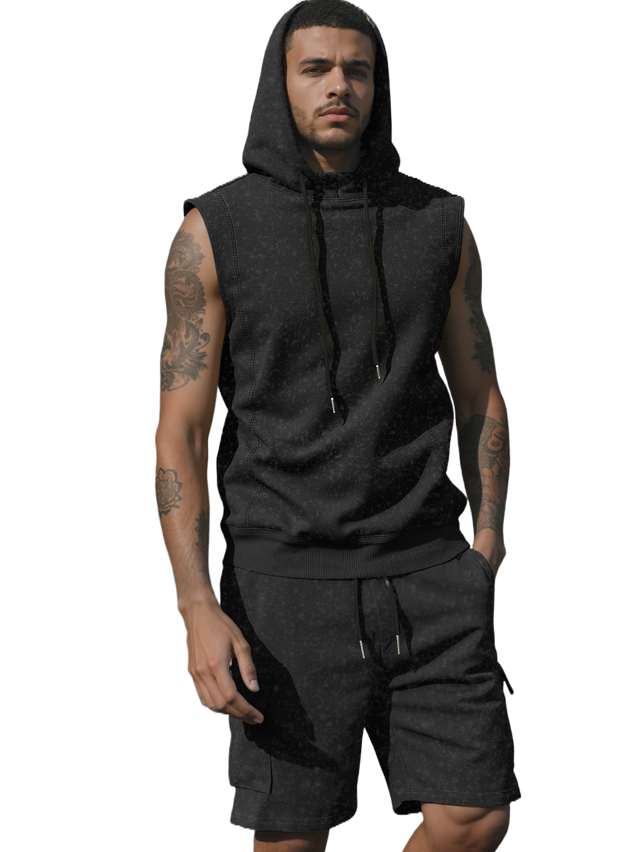 Nuevo transfronterizo Europa y América Amazon hombre encapuchado fitness chaleco de color sólido pantalones cortos set casual suéter deportivo