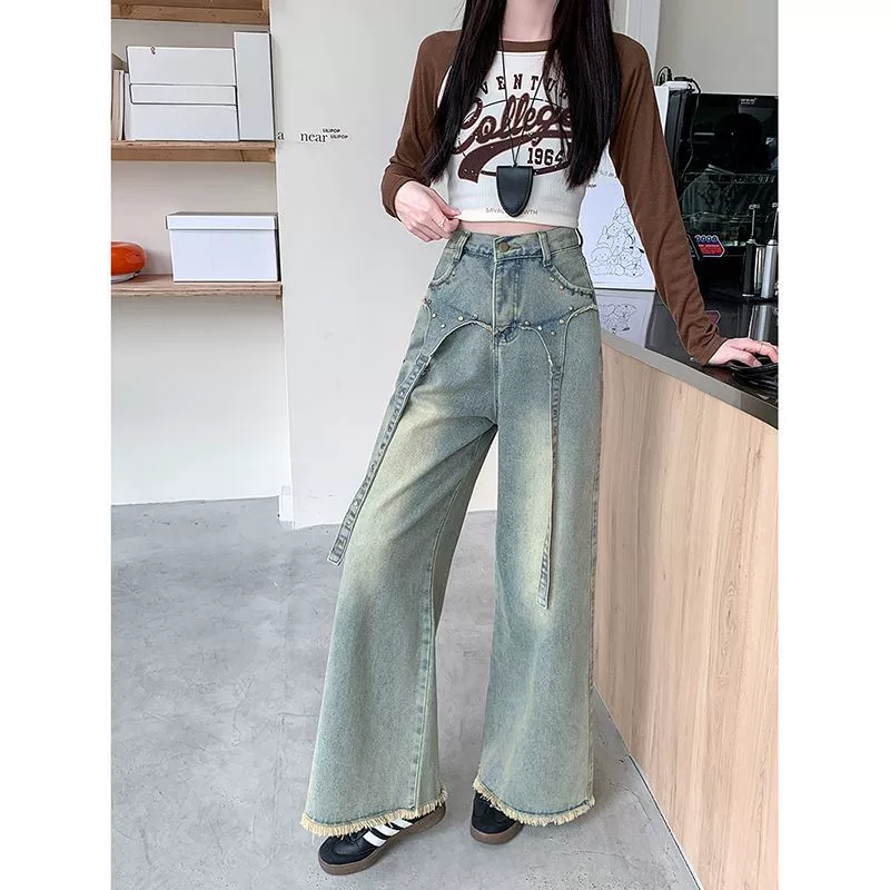 Трансграничные новые ретро с широкими ножками джинсы женские 2025 новые с высокой талией свободные тонкие стримеры прямые брюки прилив