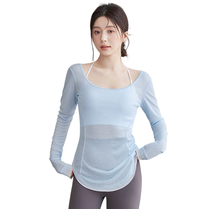 运动罩衫女夏宽松瑜伽服薄纱防晒外套薄款长袖修身运动上衣|undefined
