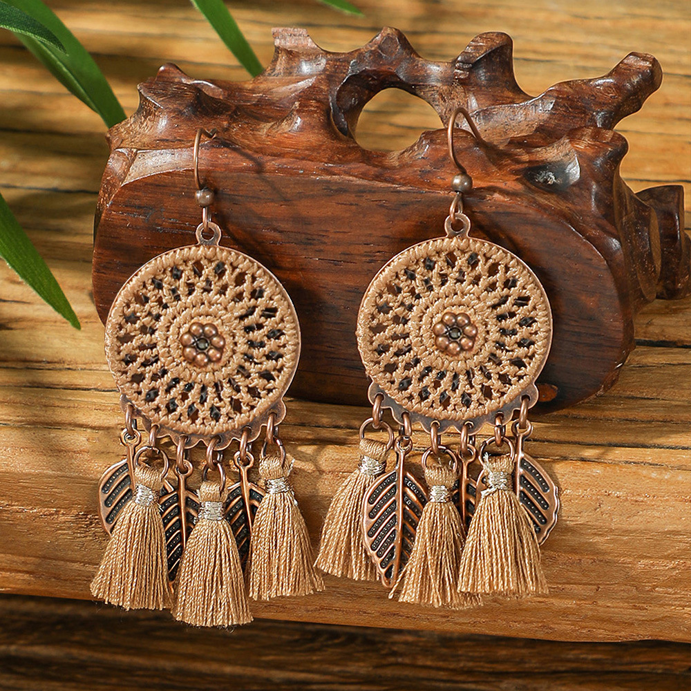 Bohemia Dream Catcher borla pendientes collar de madera estilo étnico largo borla colgante accesorios suéter cadena
