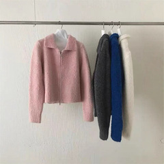 韩版圈圈毛翻领双拉链针织开衫女秋冬新款加厚短款宽松毛衣外套潮