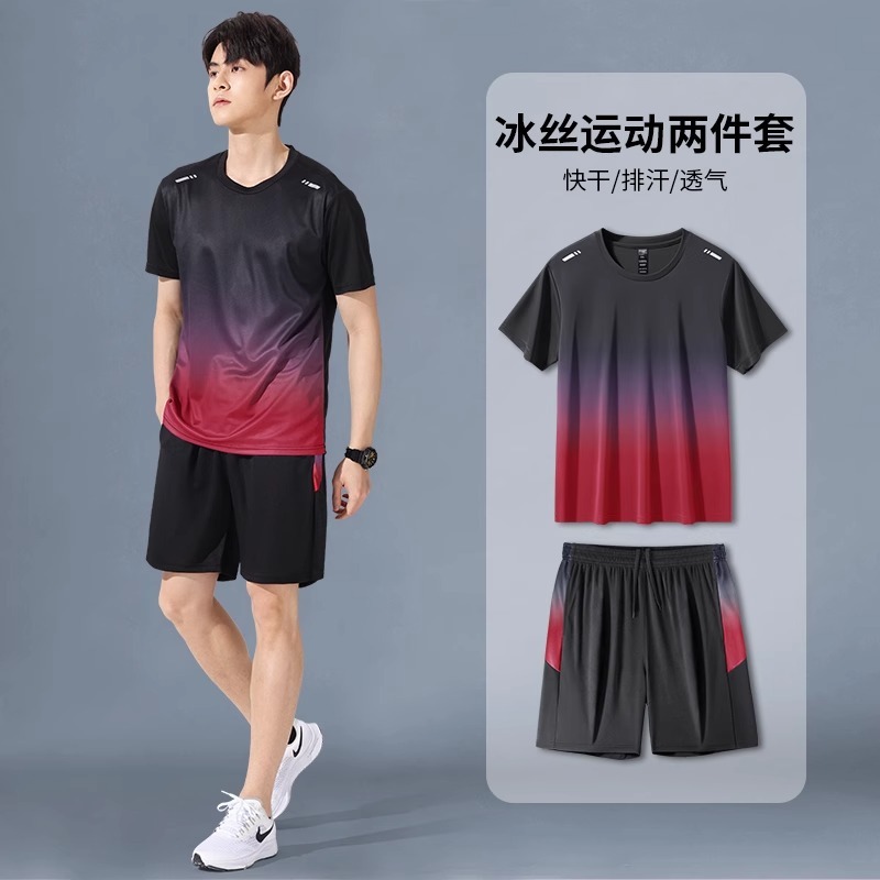 运动套装男速干衣冰丝T恤短袖短裤跑步夏季训练健身衣服羽毛球服|undefined