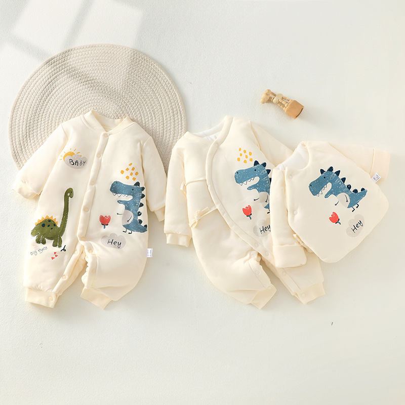 2024 ropa de otoño e invierno para bebés, dinosaurio de dibujos animados, acolchado de tres capas para bebés masculinos, una especie de chaqueta de algodón para recién nacidos