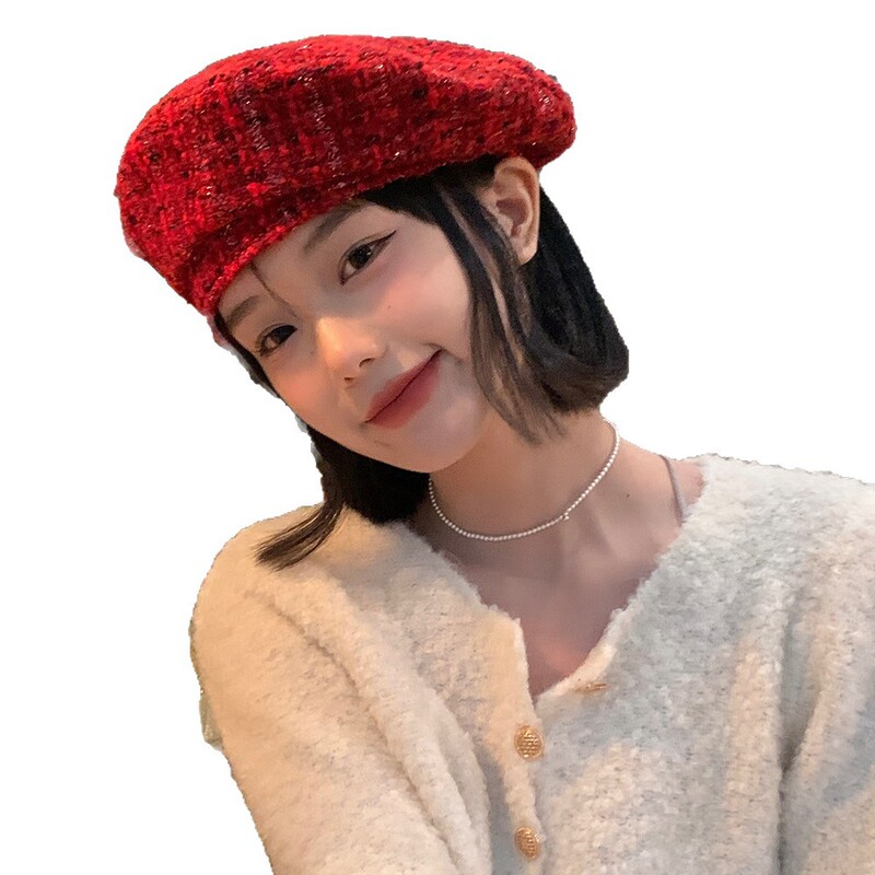 红色贝雷帽女秋冬韩版复古显脸小新年蓓蕾画家帽小香风粗花呢帽子|undefined