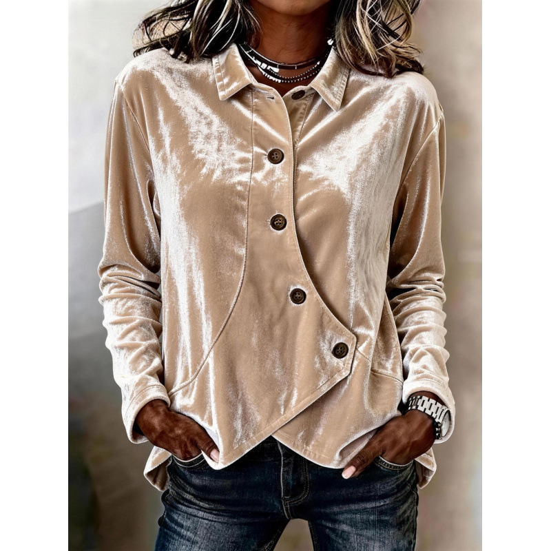 2026 New Women's Autumn/Winter European and American Cross-Border Irregular Button Lapel Fashion Retro Casual Gold Velvet Coat