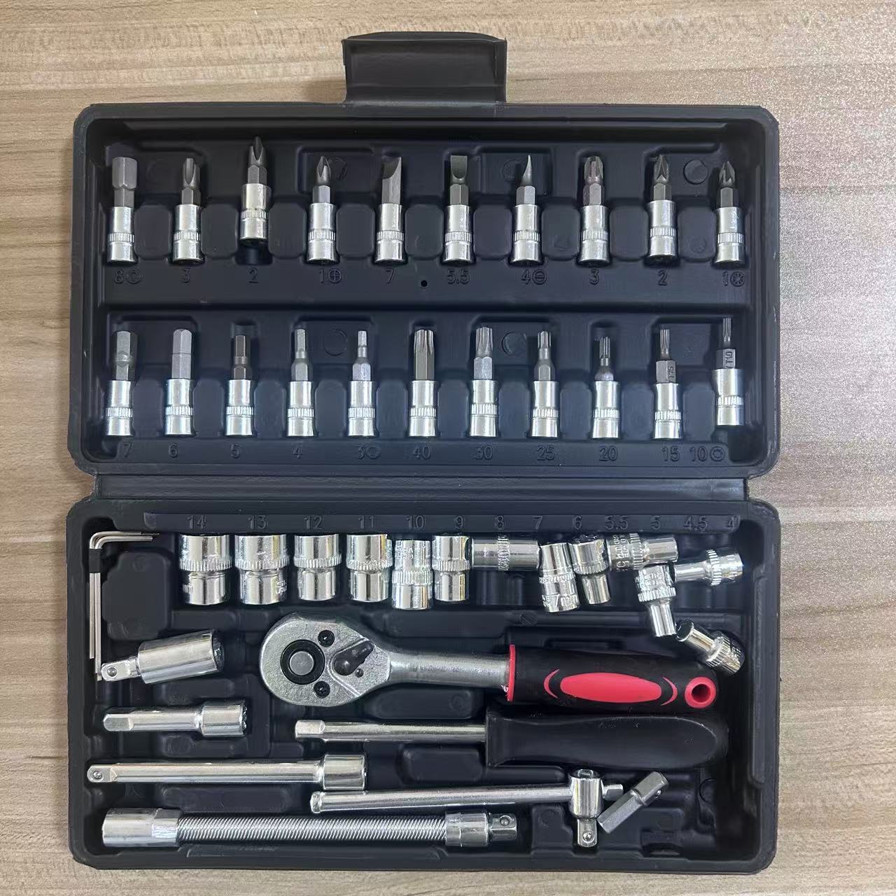 Pequeño conjunto de herramientas de 46 piezas, llave de manguito, llave de trinquete, llave hexagonal interna, conjunto de reparación de automóviles y motocicletas