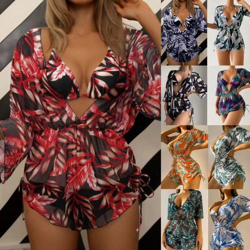 2025 European and American three-piece bikini leaf print belted fashionable long-sleeved beach sun protection swimsuit