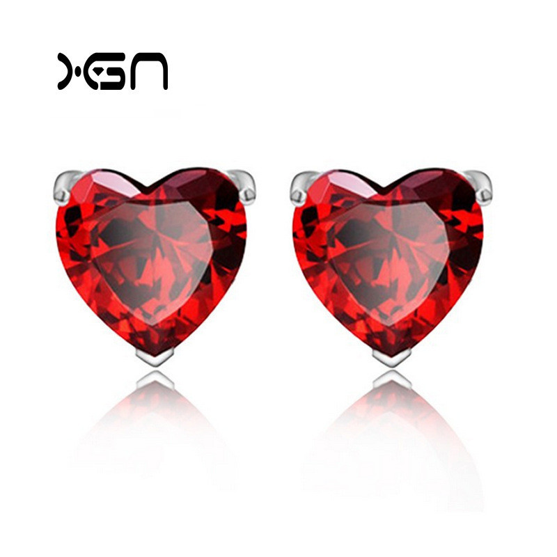 新概念S925純銀石合石紅色心形耳釘 韓版飾品愛心耳飾首飾批發代