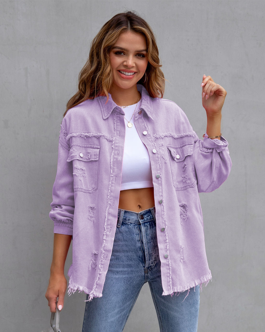 Giacca di jeans donna con volant strappata bavero manica lunga_voghion.com