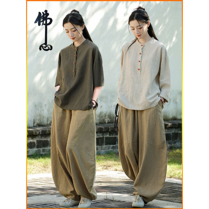 女性用在家服、中国風婦人服、綿麻ボタン付きトップス、禅服、中国風仏教禅無地スーツ|undefined