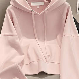 粉色连帽卫衣外套高级感春秋女款2025年新款小个子纯色短款女上衣