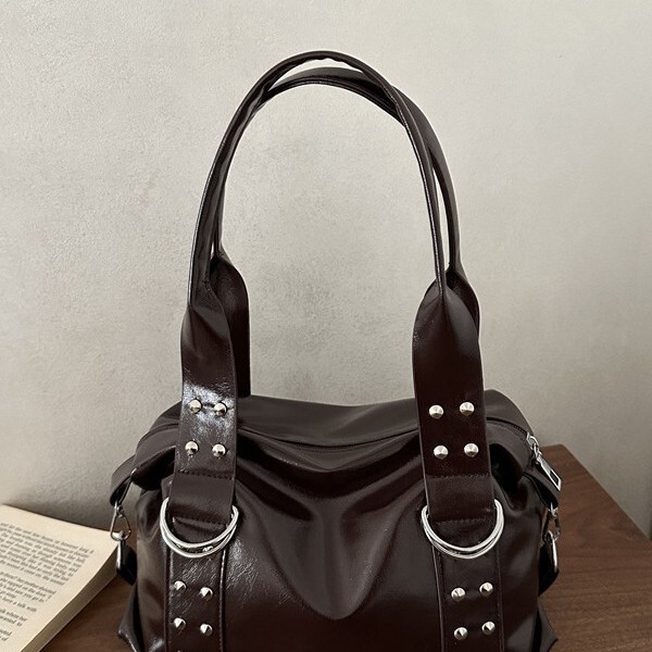 Cross-border retro 2026 spring new model metal American-style soft leather Boston handbag, underarm PU leather women's shoulder bag