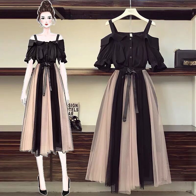 One-piece/Set Large Size Women's 2021 New Spring and Summer Wear Slimming Western Style Chubby Sister Dress Two-piece Suit