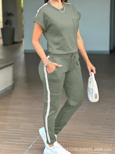 Cross-border EU & US Amazon 2025 New Women's Set: Casual Sports Solid-Color Two-Piece Suit