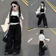 女童短袖套装夏2026新款儿童韩系穿搭长裤女孩大童假两件吊带上衣
