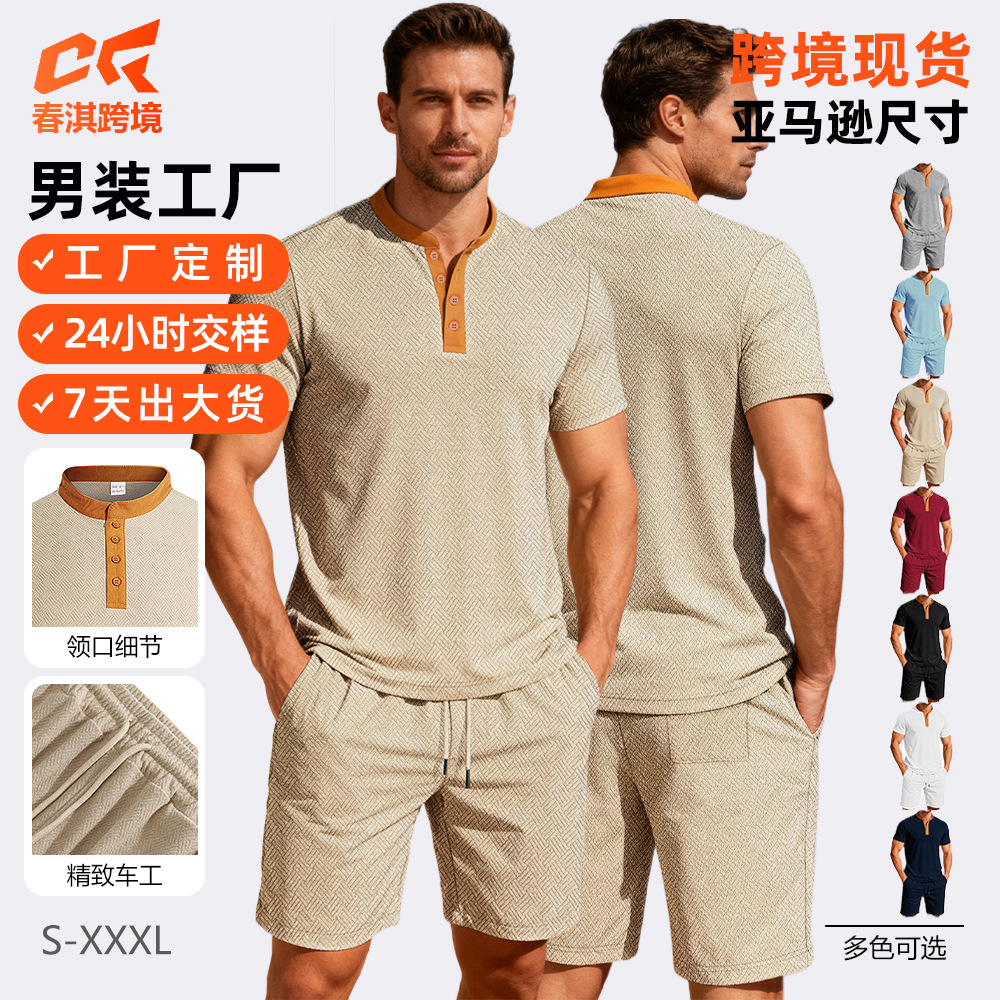 Nuevo comercio exterior transfronterizo de Europa y América verano hombre casual color redondo botón de cuello corto manga corta moda pantalones cortos hombre conjunto
